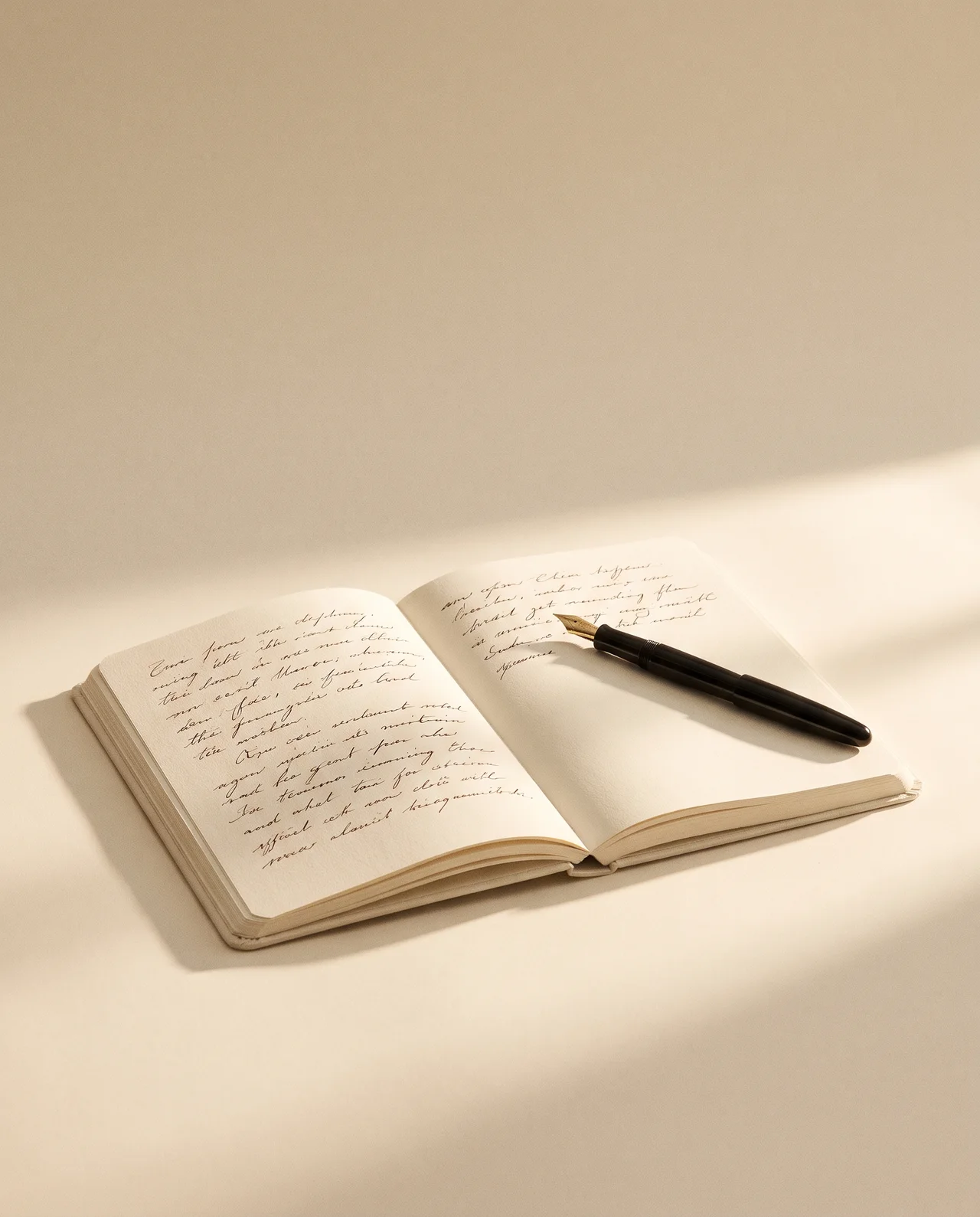 Caderno aberto com páginas escritas à mão e uma caneta-tinteiro, sob luz de manhã
