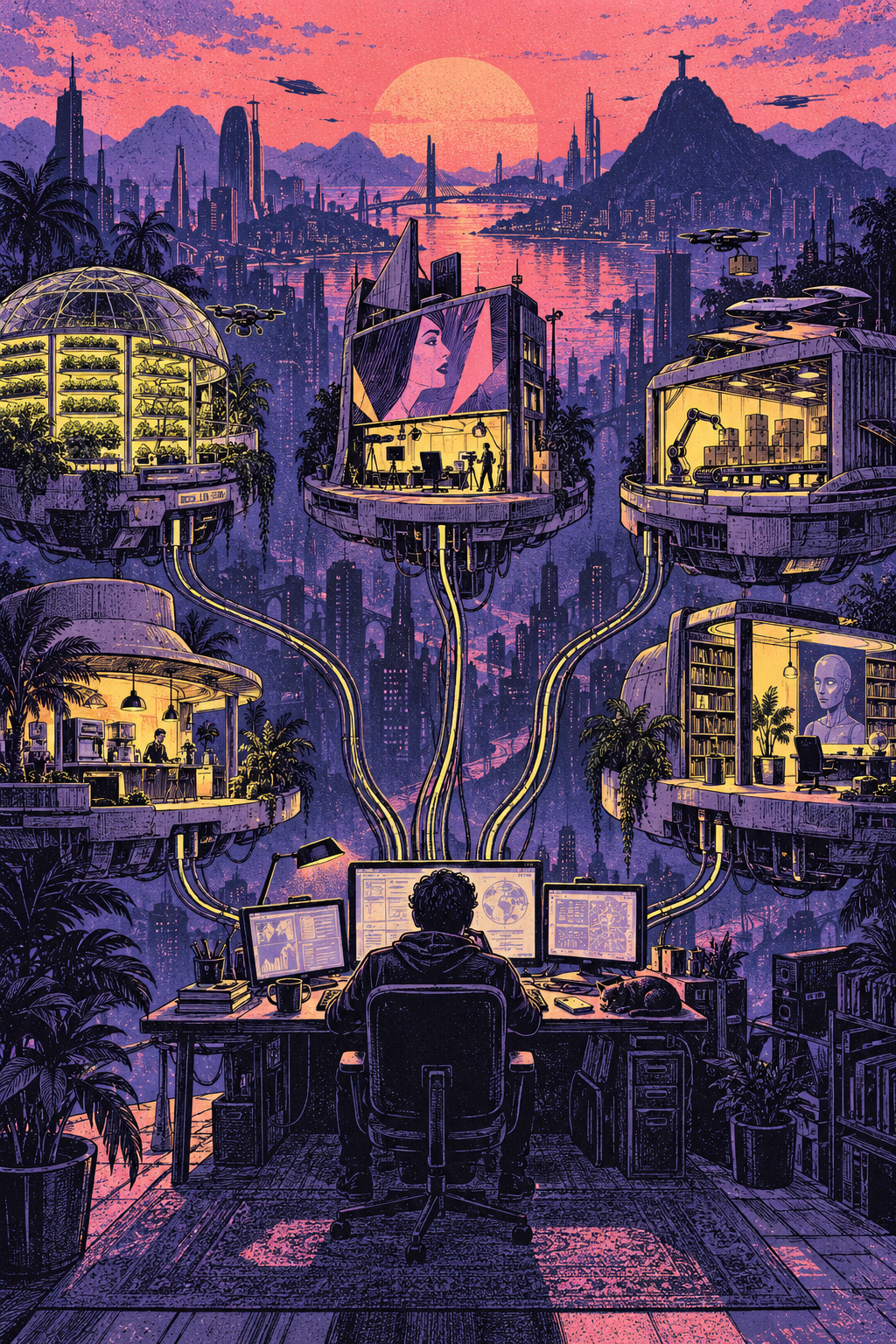 Ilustração cyberpunk de um empreendedor operando uma rede de pequenos negócios interligados.